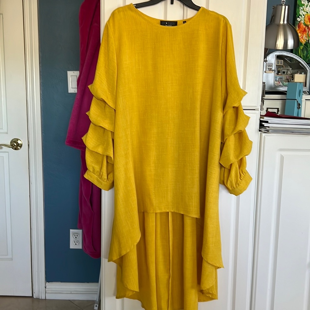 Mustard Yellow Ruffle Sleeve High-Low Dress - Women's